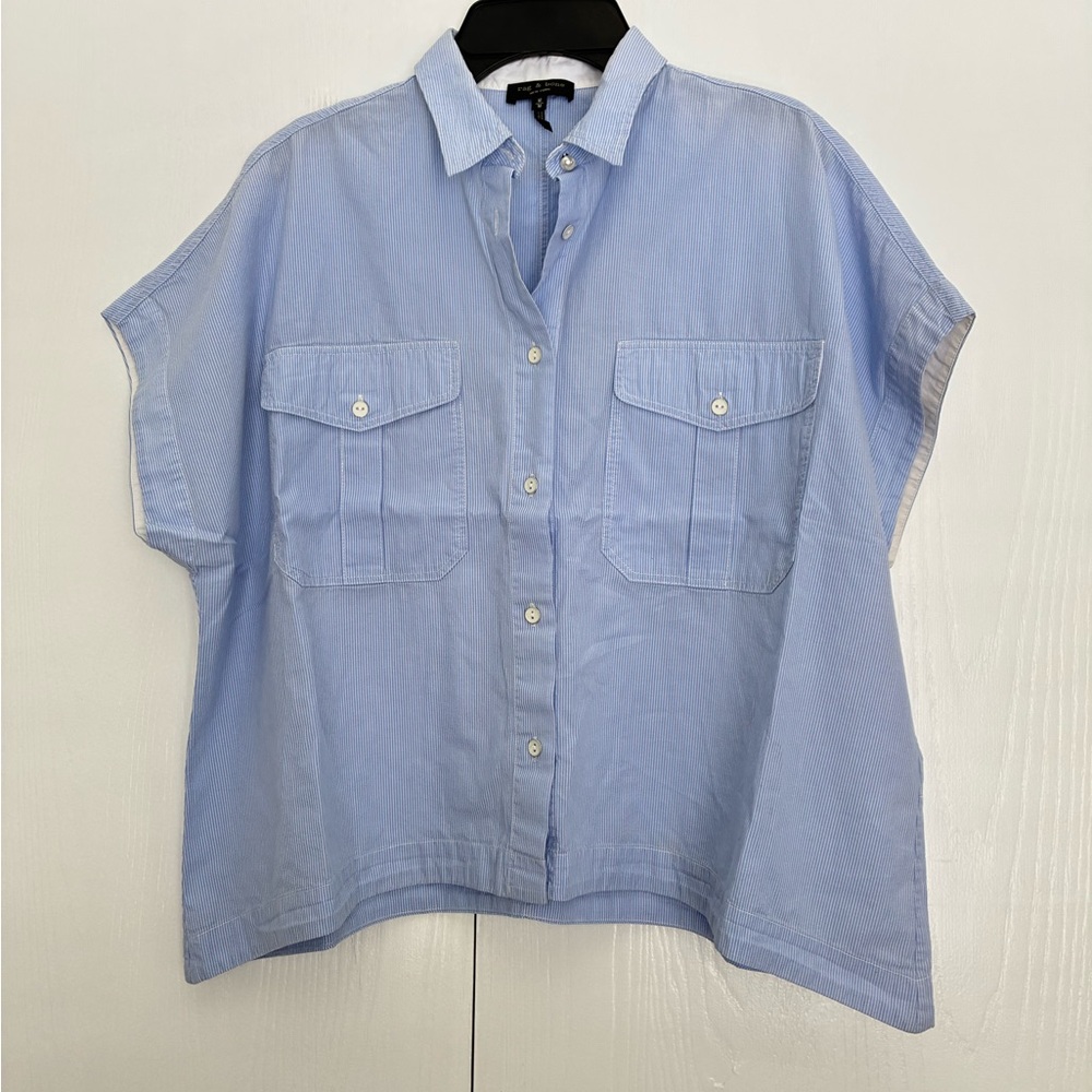 Rag & Bone Oversized Cropped Blue Striped Button-Up Shirt . Size Medium